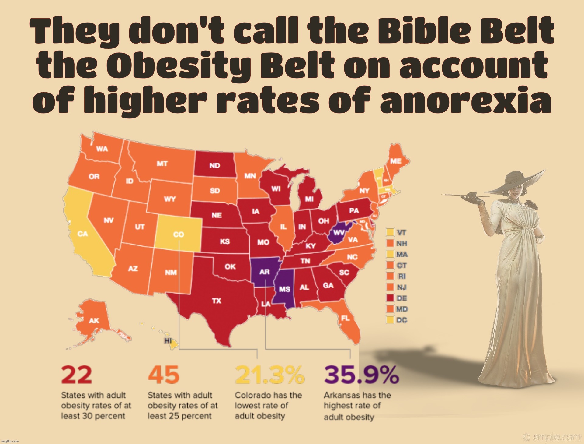 The Obesity Belt overlaps the Bible Belt | They don't call the Bible Belt
the Obesity Belt on account
of higher rates of anorexia | image tagged in lady dimitrescu,maps,the bible belt,the obesity belt,before you criticize look in the mirror,mirror mirror | made w/ Imgflip meme maker