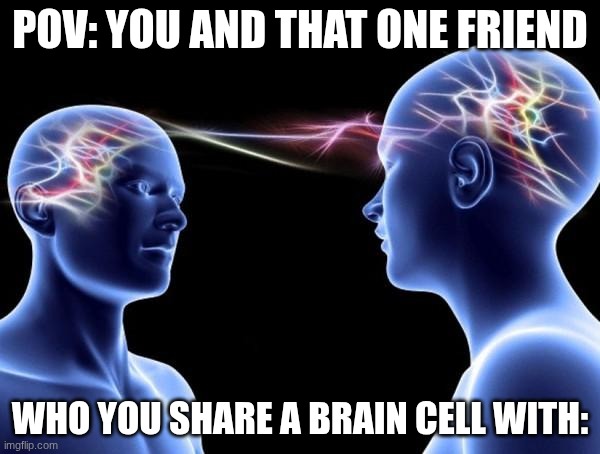 Sharing one single brain cell | POV: You and that one friend; Who you share a brain cell with: | image tagged in connected minds,friends,friendship,best friends,friend | made w/ Imgflip meme maker