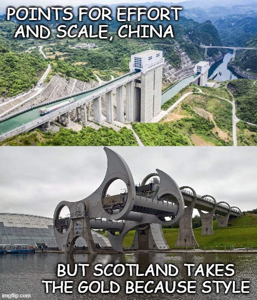Dueling boat lifts | Points for effort and scale, China; But Scotland takes the gold because style | image tagged in goupitan boat lift,falkirk boat lift | made w/ Imgflip meme maker