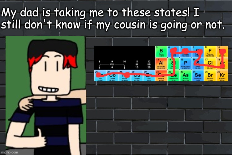 James, William's father, is taking him to 6 states but William doesn't know if MC's going there. | My dad is taking me to these states! I still don't know if my cousin is going or not. | image tagged in background,william,expedition,periodic table | made w/ Imgflip meme maker
