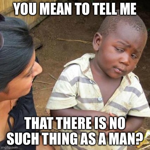 Ummmm Ai | you mean to tell me; that there is no such thing as a man? | image tagged in memes,third world skeptical kid | made w/ Imgflip meme maker