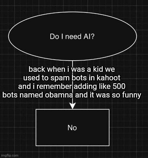 Do i need ai | back when i was a kid we used to spam bots in kahoot and i remember adding like 500 bots named obamna and it was so funny | image tagged in do i need ai | made w/ Imgflip meme maker