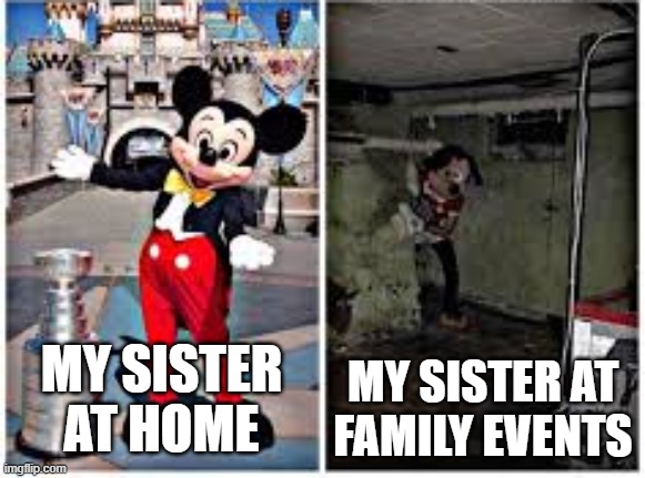 mickey mouse in disneyland | My sister at home; My sister at family events | image tagged in mickey mouse in disneyland | made w/ Imgflip meme maker