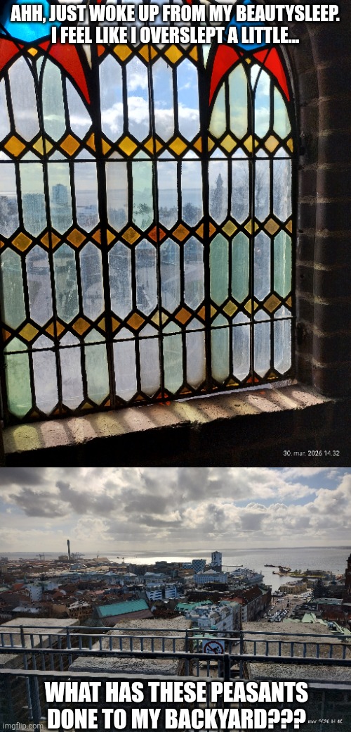 A middle age king oversleeps a little... | Ahh, just woke up from my beautysleep. I feel like i overslept a little... WHAT HAS THESE PEASANTS DONE TO MY BACKYARD??? | image tagged in middle age,funny | made w/ Imgflip meme maker