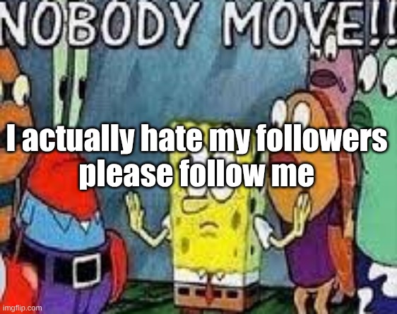 NOBODY MOVE!! | I actually hate my followers
please follow me | image tagged in nobody move | made w/ Imgflip meme maker