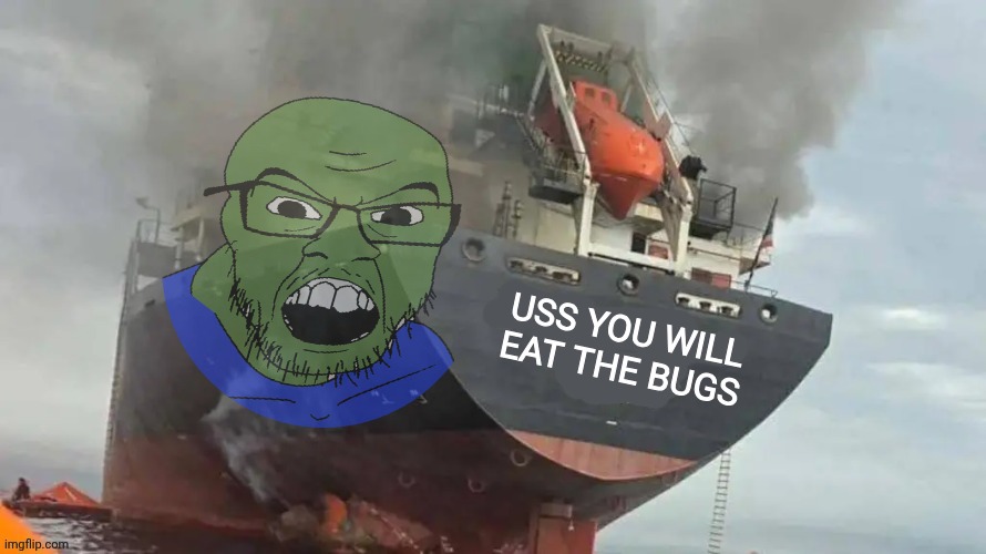 Oil Tanker Fire | USS you WILL eat the bugs | image tagged in oil tanker fire,funny memes,oil,sarcasm | made w/ Imgflip meme maker