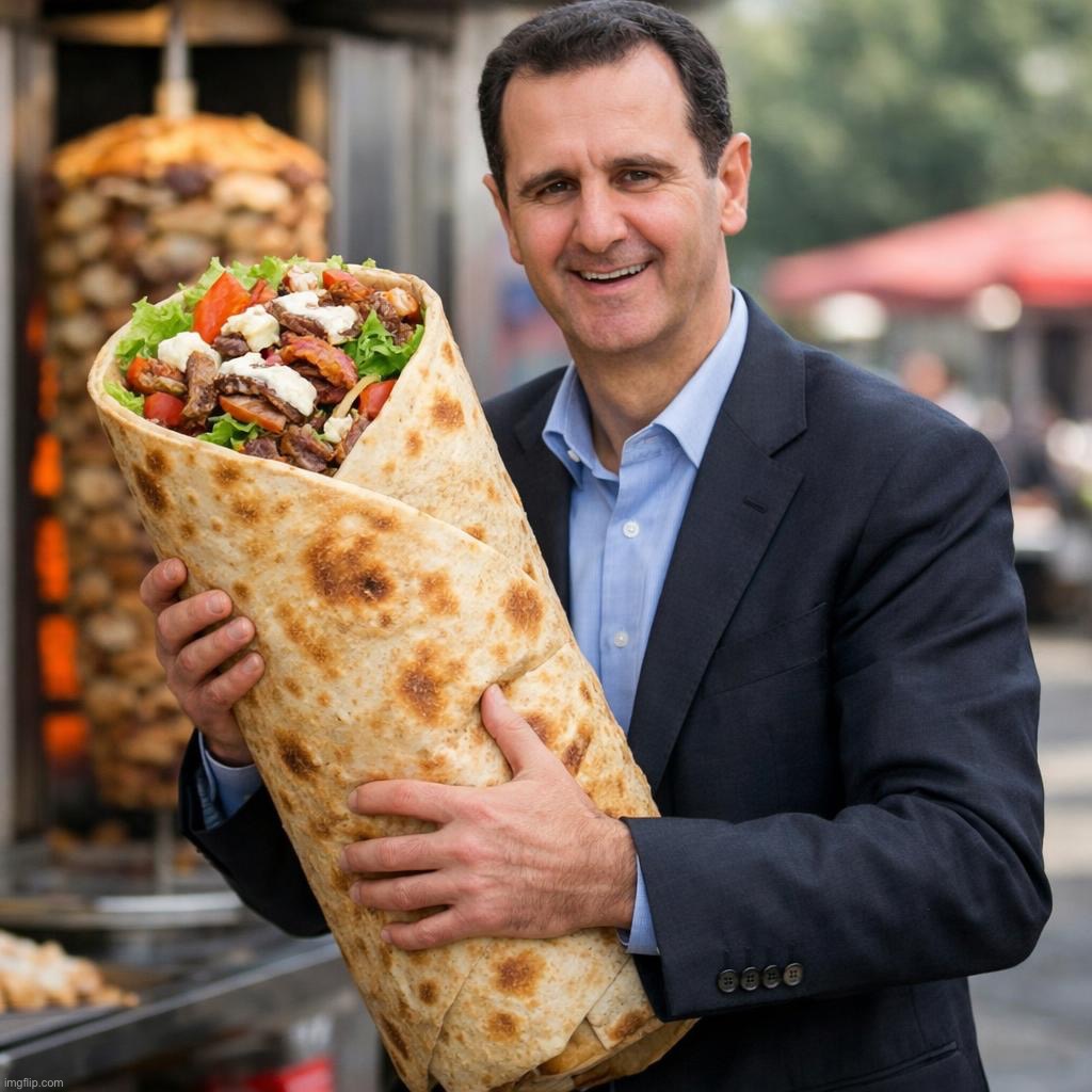 Bashar al-Assad holding a giant shawarma | made w/ Imgflip meme maker