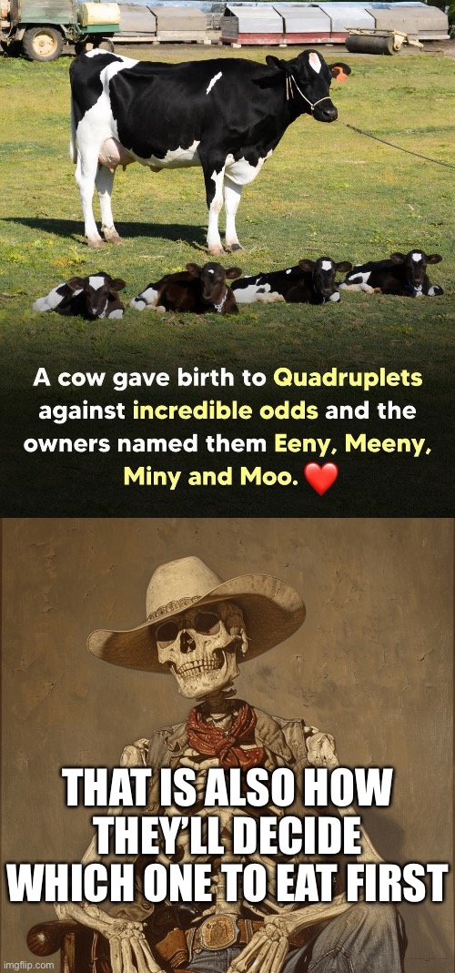 Eeny Meeny Miny Moo | That is also how they’ll decide which one to eat first | image tagged in funny memes,dark humor,cow,where's the beef | made w/ Imgflip meme maker