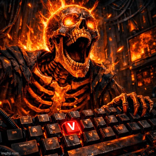 hell yeah we got a him bo alt online | image tagged in cool screaming orange skeleton and keyboard with the letter v hi | made w/ Imgflip meme maker