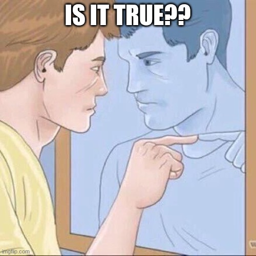 Is it true?? | image tagged in pointing mirror guy | made w/ Imgflip meme maker