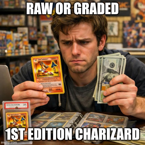 Pokemon Card Delema | raw or graded; 1st Edition Charizard | image tagged in pokemon card meme,charizard | made w/ Imgflip meme maker