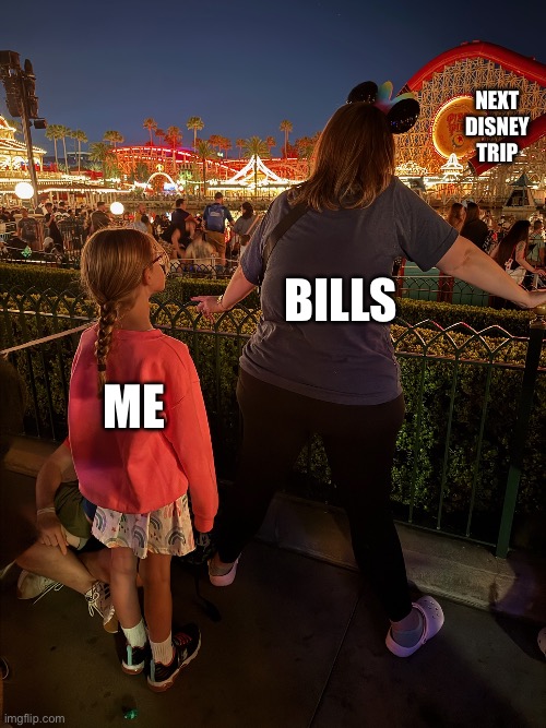 Disney Blocker | Next Disney trip; Bills; Me | image tagged in disney blocker,remix | made w/ Imgflip meme maker