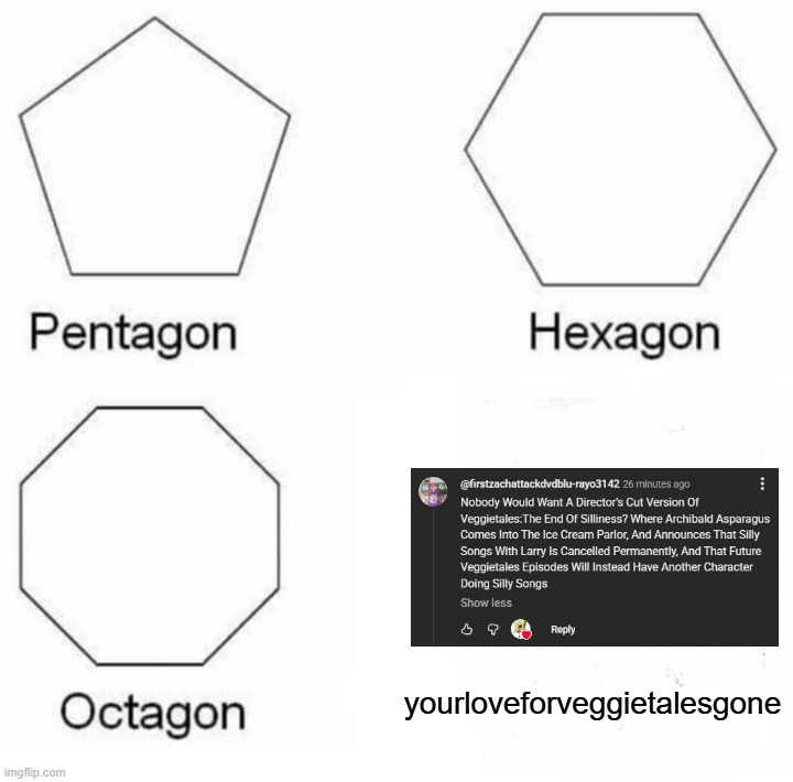 help | yourloveforveggietalesgone | image tagged in memes,pentagon hexagon octagon,alternate reality,veggietales | made w/ Imgflip meme maker
