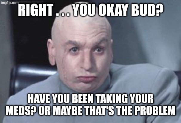 right . . . you okay bud? have you been taking your meds? or maybe that's the problem | image tagged in dr evil right | made w/ Imgflip meme maker