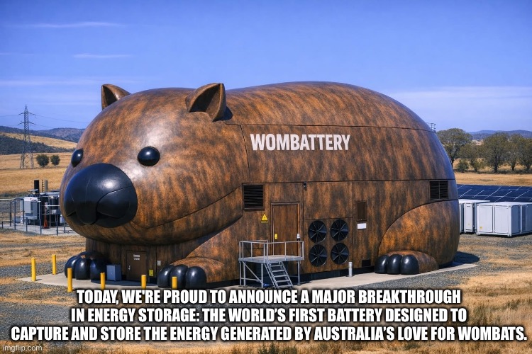 Wombattery | Today, we're proud to announce a major breakthrough in energy storage: the world’s first battery designed to capture and store the energy generated by Australia’s love for wombats. | image tagged in wombat,battery,bad pun,science | made w/ Imgflip meme maker