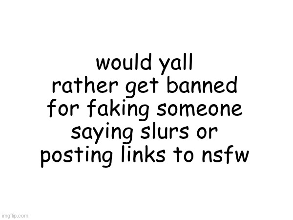 would yall rather get banned for faking someone saying slurs or posting links to nsfw | made w/ Imgflip meme maker