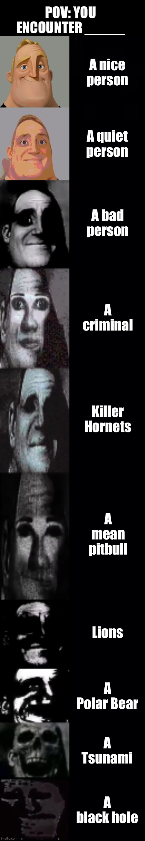 POV: You Encounter _____ | POV: YOU ENCOUNTER _____; A nice person; A quiet person; A bad person; A criminal; Killer Hornets; A mean pitbull; Lions; A Polar Bear; A Tsunami; A black hole | image tagged in mr incredible becoming uncanny,people,animals,natural disasters | made w/ Imgflip meme maker