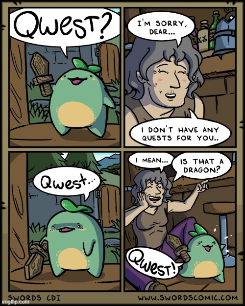 The Adventures of Quest Sprout! (This is a subseries from Swords Comic!) | image tagged in swords,sprout,quest,granny,dragon,pretend | made w/ Imgflip meme maker