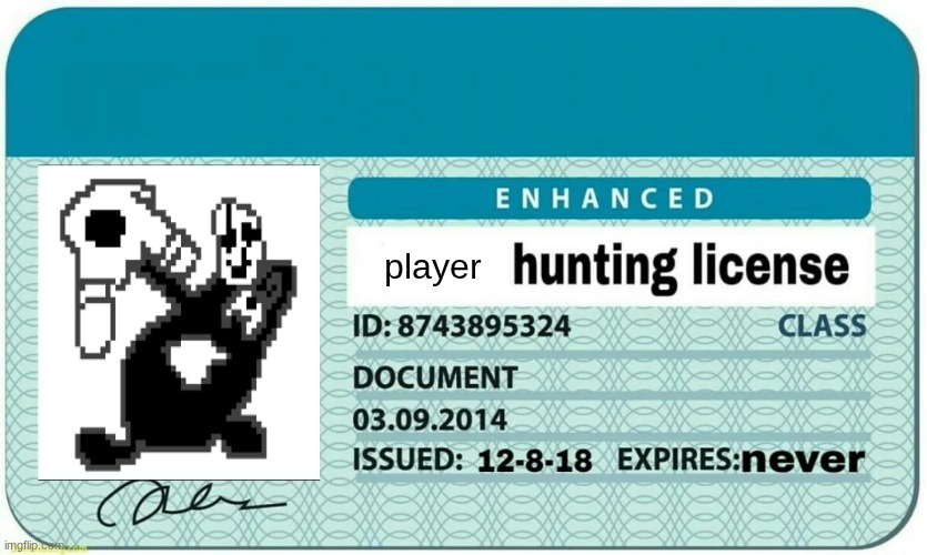 undertable | player | image tagged in furry hunting license | made w/ Imgflip meme maker