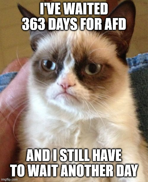 Grumpy Cat Meme | I've waited 363 days for AFD; And I still have to wait another day | image tagged in memes,grumpy cat | made w/ Imgflip meme maker