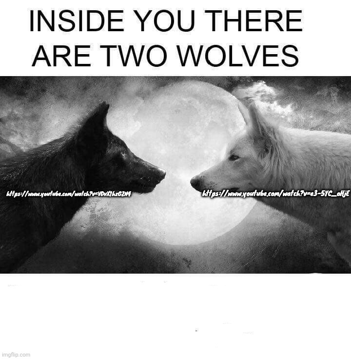 Inside you there are two wolves | https://www.youtube.com/watch?v=e3-5YC_oHjE; https://www.youtube.com/watch?v=VDvX1hzGZN4 | image tagged in inside you there are two wolves | made w/ Imgflip meme maker