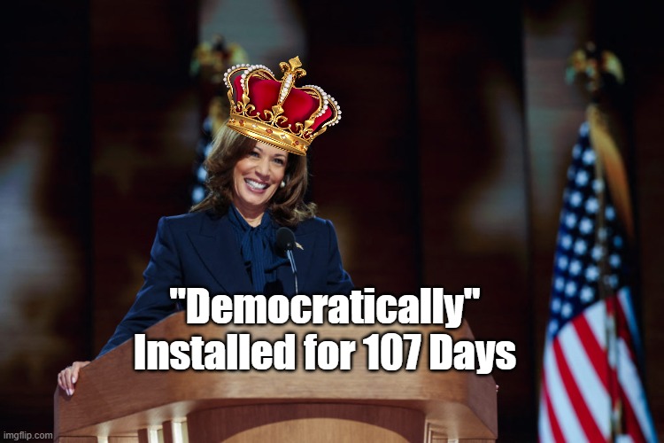 Ran for POTUS twice Never got ONE Primary Vote "Democracy" | "Democratically" Installed for 107 Days | image tagged in kamala queen for 107 days meme | made w/ Imgflip meme maker