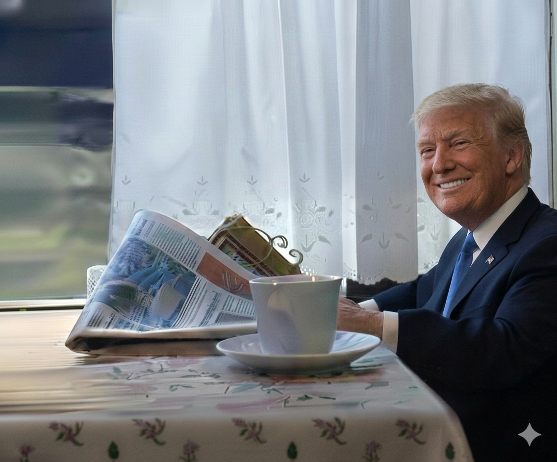 BSM Donald Trump reading newspaper and smiling at the camera Blank Meme Template