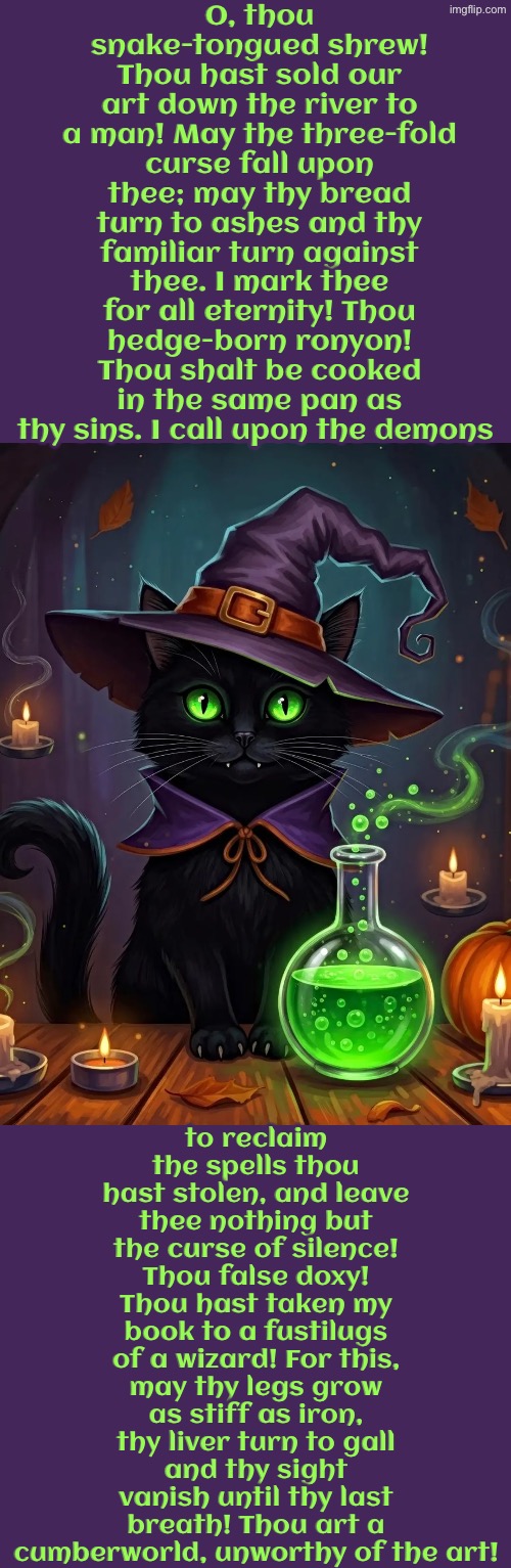 O, Thou Snake-tongued Shrew | O, thou snake-tongued shrew! Thou hast sold our art down the river to a man! May the three-fold curse fall upon thee; may thy bread turn to ashes and thy familiar turn against thee. I mark thee for all eternity! Thou hedge-born ronyon! Thou shalt be cooked in the same pan as thy sins. I call upon the demons; to reclaim the spells thou hast stolen, and leave thee nothing but the curse of silence! Thou false doxy! Thou hast taken my book to a fustilugs of a wizard! For this, may thy legs grow as stiff as iron, thy liver turn to gall and thy sight vanish until thy last breath! Thou art a cumberworld, unworthy of the art! | image tagged in cats,medieval memes,witches,insults,wizards,stolen | made w/ Imgflip meme maker