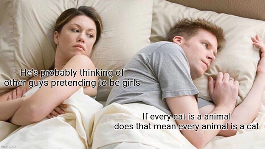 I Bet He's Thinking About Other Women Meme | He's probably thinking of other guys pretending to be girls; If every cat is a animal does that mean every animal is a cat | image tagged in memes,i bet he's thinking about other women | made w/ Imgflip meme maker