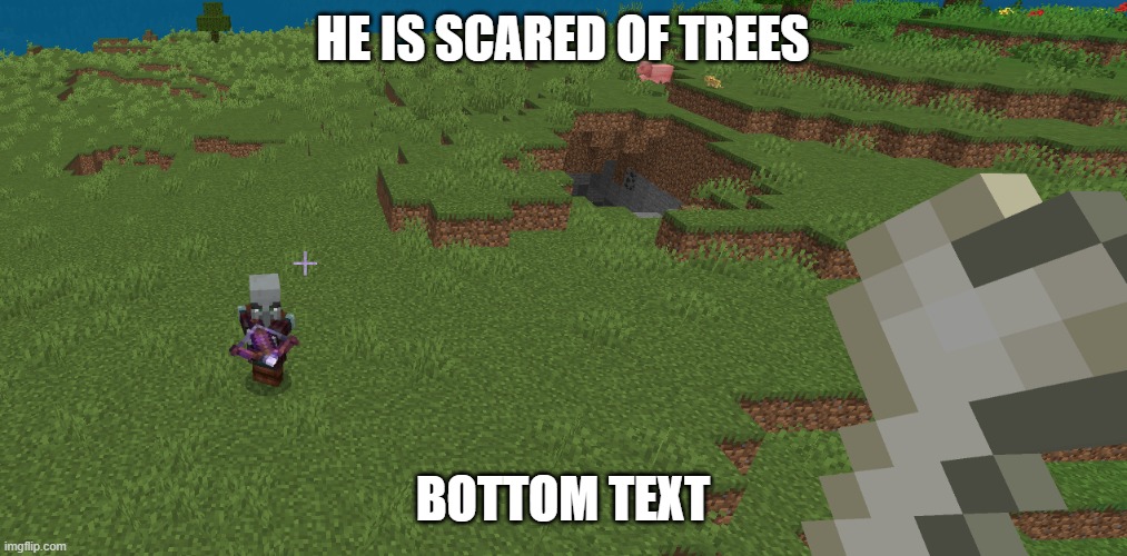 Pillager | he is scared of trees; bottom text | image tagged in pillager | made w/ Imgflip meme maker