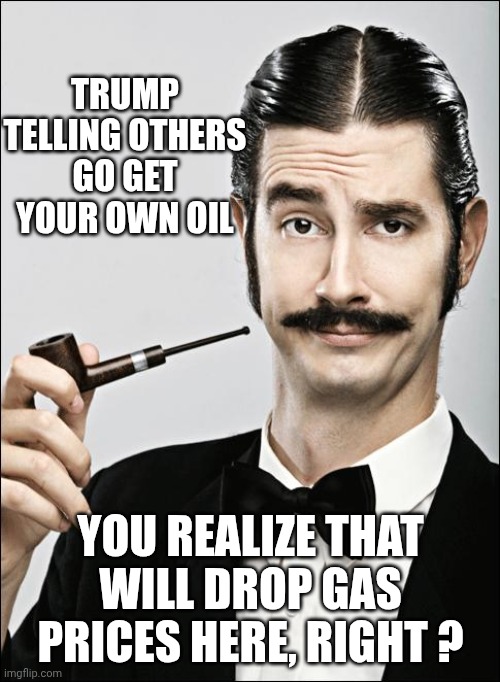 Supply and Demand | Trump telling others go get your own oil; You realize that will drop gas prices here, right ? | image tagged in pompous pipe guy,leftists,liberals,tankers,hormuz | made w/ Imgflip meme maker