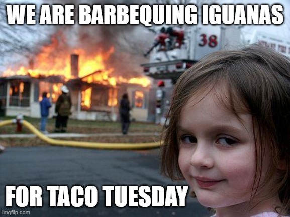 Taco Tuesday | We are barbequing iguanas; For taco tuesday | image tagged in memes,disaster girl,iguana,iguana tacos,taco tuesday,taste like chicken | made w/ Imgflip meme maker