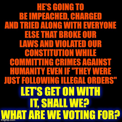 What Are We Waiting For? | He's going to be impeached, charged and tried along with everyone else that broke our laws and violated our constitution while committing crimes against humanity even if "they were just following illegal orders"; Let's get on with it, shall we?  What are we voting for? | image tagged in memes,impeach trump,lock him up,maga,conservative hypocrisy,basket of deplorables | made w/ Imgflip meme maker