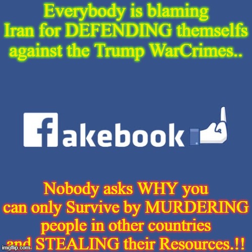 nobody | Everybody is blaming Iran for DEFENDING themselfs against the Trump WarCrimes.. Nobody asks WHY you can only Survive by MURDERING people in other countries and STEALING their Resources.!! | made w/ Imgflip meme maker