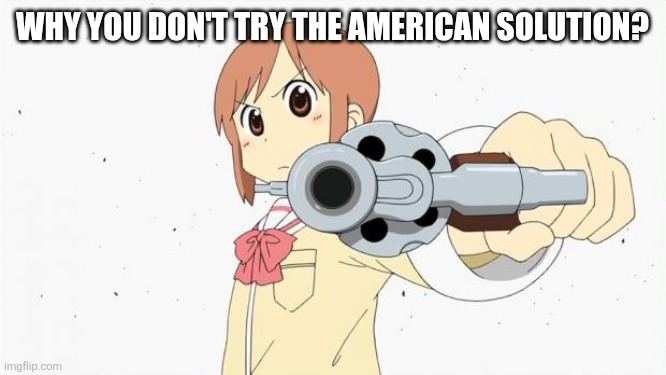 Anime gun point | Why you don't try the American solution? | image tagged in anime gun point | made w/ Imgflip meme maker