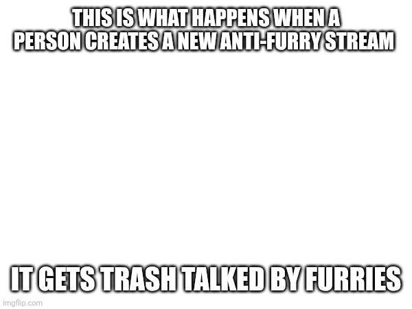 this always has to happen with every anti-fur stream | THIS IS WHAT HAPPENS WHEN A PERSON CREATES A NEW ANTI-FURRY STREAM; IT GETS TRASH TALKED BY FURRIES | image tagged in anti-furry,memes | made w/ Imgflip meme maker