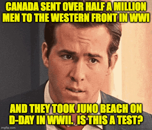 canada sent over half a million
men to the western front in WWI and they took juno beach on
d-day in WWII.  is this a test? | made w/ Imgflip meme maker