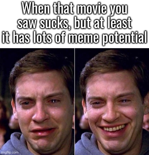 Doesn't matter if it's bad or good, meme is meme. (Like Super Mario Bros. Movie) | When that movie you saw sucks, but at least it has lots of meme potential | image tagged in peter parker sad cry happy cry,movie,meme | made w/ Imgflip meme maker