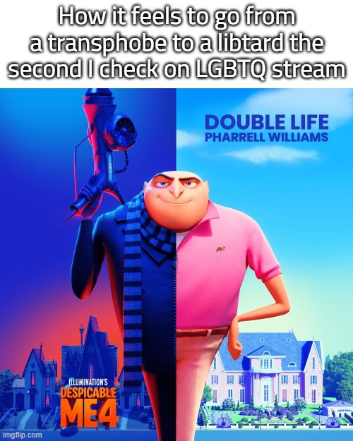 Double Life | How it feels to go from a transphobe to a libtard the second I check on LGBTQ stream | image tagged in double life | made w/ Imgflip meme maker