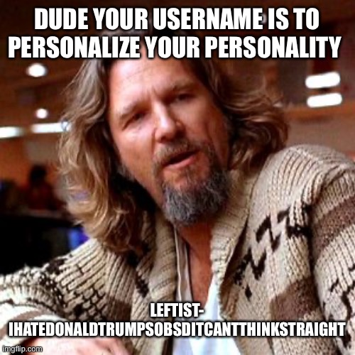 Never Trumpers | Dude your Username is to personalize your personality; Leftist- ihatedonaldtrumpsobsditcantthinkstraight | image tagged in memes,confused lebowski | made w/ Imgflip meme maker