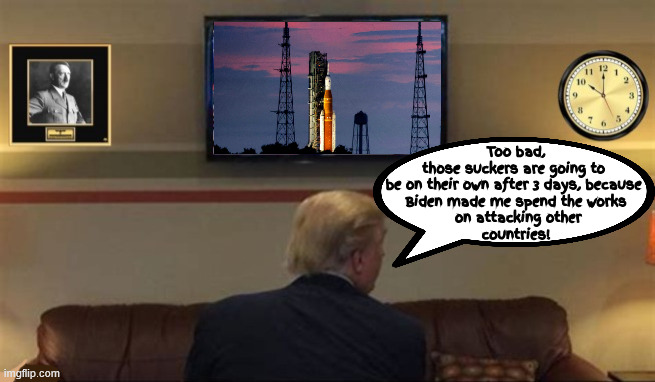 Trump gives Artemis II the moon | Too bad,
those suckers are going to 
be on their own after 3 days, because 
Biden made me spend the works
 on attacking other
 countries! | image tagged in trump gives artemis ii the moon,the moon is flat,the moon has it's dark side,moon is full of blood,june 14 1946 | made w/ Imgflip meme maker