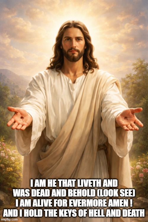 I am Alive | I am he that liveth and was dead and Behold (look see) I am alive for evermore Amen ! And I hold the keys of hell and Death | image tagged in jesus,life,love | made w/ Imgflip meme maker