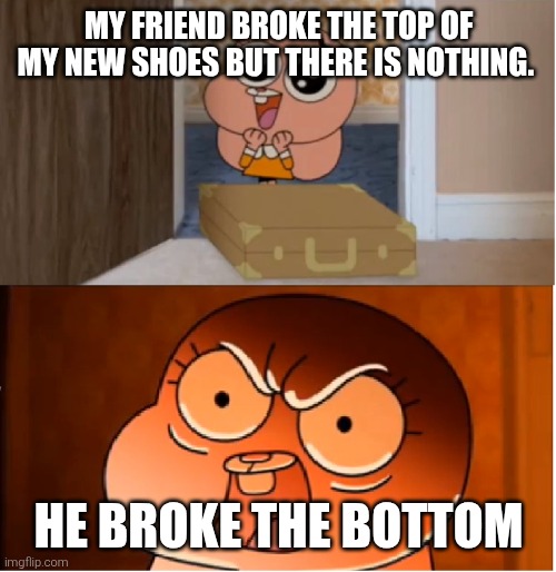 My shoes... | My friend broke the top of my new shoes but there is nothing. He broke the bottom | image tagged in gumball - anais false hope meme | made w/ Imgflip meme maker