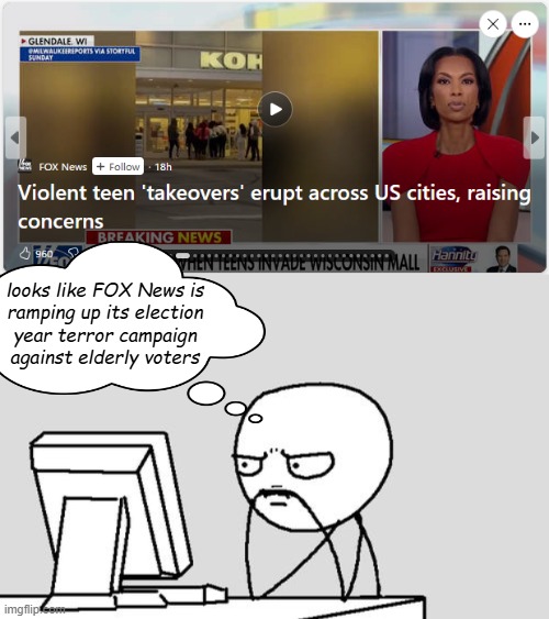 It's interesting how forthright and honestly expository Tucker Carlson became once FOX wasn't signing his checks anymore. | looks like FOX News is
ramping up its election
year terror campaign
against elderly voters | image tagged in stickman,fox news,america's rt network,propaganda | made w/ Imgflip meme maker