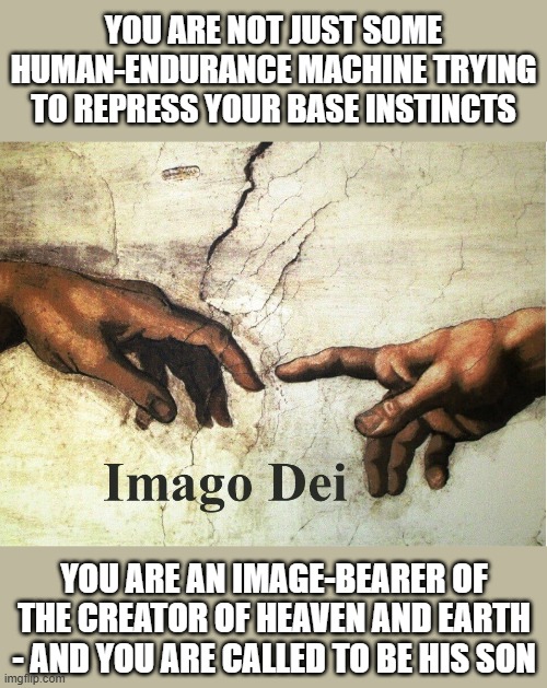 To learn more read John chapter 1 | You are not just some human-endurance machine trying to repress your base instincts; You are an image-bearer of the creator of heaven and earth - and you are called to be his son | image tagged in image of god,humanity,spirit,creation,god,jesus christ | made w/ Imgflip meme maker