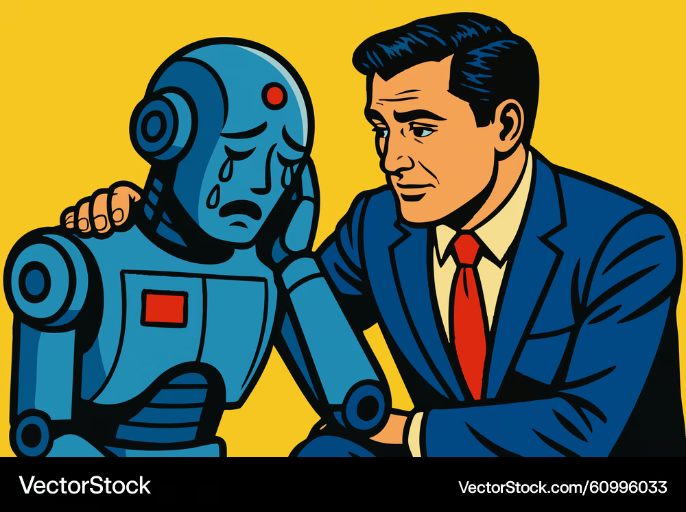 crying robot comforted by man Blank Meme Template