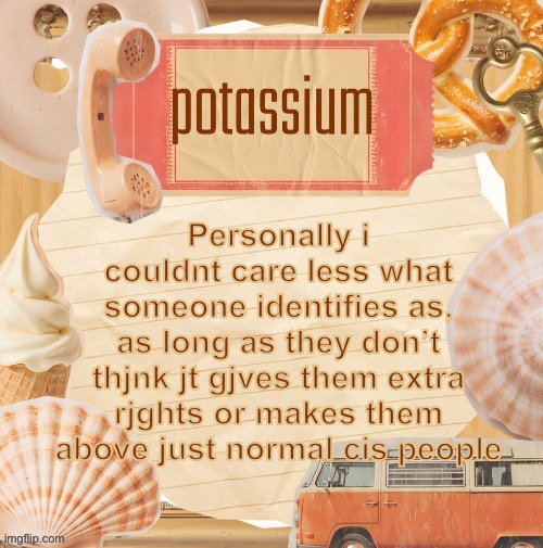 template (thanks shira) | Personally i couldnt care less what someone identifies as, as long as they don’t thjnk jt gjves them extra rjghts or makes them above just normal cis people | image tagged in template thanks shira | made w/ Imgflip meme maker