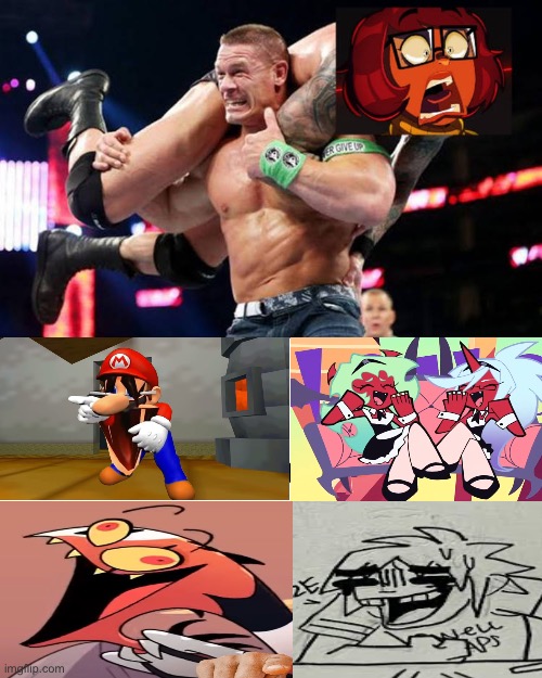 SMG4 Mario, Scanty, Kneesocks, Blitz, and 2D laugh at John Cena defeating TV-MA Velma | image tagged in ruin this fill in meme 37,john cena,velma,helluva boss,smg4,gorillaz | made w/ Imgflip meme maker