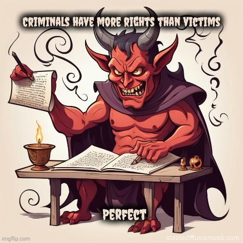 Doing the devil's work | Criminals have more rights than victims; Perfect | image tagged in politicians suck,and then the devil said,law and order,well yes but actually no,arrogant rich,entitled | made w/ Imgflip meme maker
