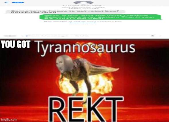ROASTED | YOU GOT | image tagged in tyrannosaurus rekt | made w/ Imgflip meme maker